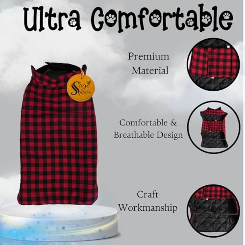 Image of Sage Square Winter Coloured Dog Coat - All-Weather Protection, Windproof, Waterproof Cozy Fleece Lining, Adjustable Straps, Durable Construction, Stylish, Comfortable, Jacket (Red & Black, Medium)