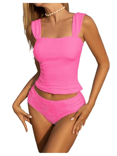 Women's 2 Piece Tankini Swimsuits Tummy Control Floral Jacquard Bathing Suit Modest Swimwear Set