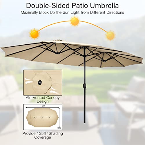 Image of Tangkula 15FT Double-Sided Patio Umbrella with Base, Extra-Large Market Umbrella W /Crank System, Outdoor Twin Umbrella W / 12-Rib Metal Structure & Air Vents for Garden, Backyard, Poolside (Beige)