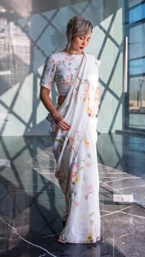 Image of C J Enterprise Women's Pure Soft Cotton Saree Linen For Silk Sarees Party Design Wear Kalamkari Wedding Sadi With Blouse Piece Sari South Mulmul ikkat Mul Print 2025 New (Baby Cut White)
