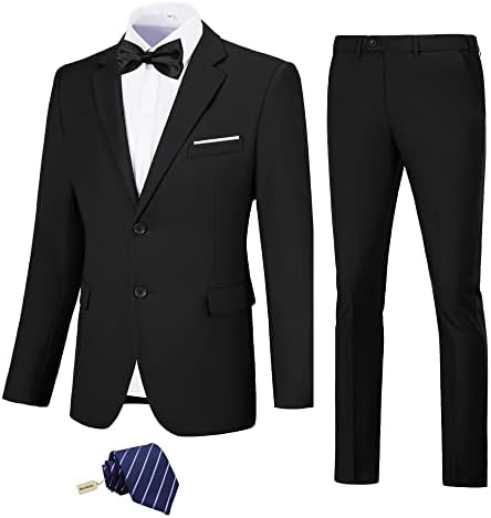 Men's Suit Slim Fit, 2 Piece Black Suits for Men, Solid Jacket Pants with Tie, Prom Wedding Homecoming Tuxedo Set M
