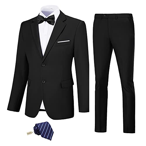 Men's Suit Slim Fit, 2 Piece Black Suits For Men, Solid Jacket Pants With Tie, Prom Wedding Homecoming Tuxedo Set M #TOP2