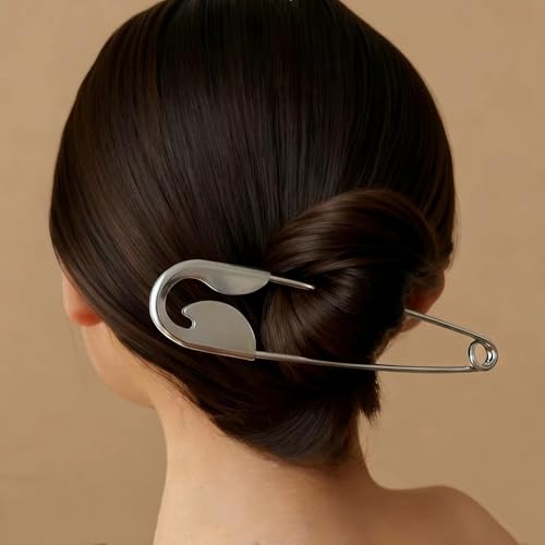 Image of Oversized Safety Pin Hair Clip, Silver, Bun Holder, Minimalist Style, Korean Aesthetic