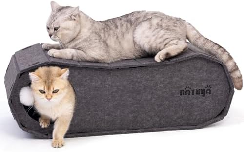 NATUYA Cat Bed Cave for Indoor Cats, Large Cat Lounge Cave Bed with Toy Ball, Enclosed Scratch Resistant Detachable Felt Cat Hideaway Bed for Cats up to 22 Lbs