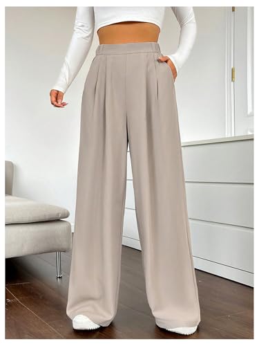 GORGLITTER Women's Gaucho Office Pleated Wide Leg Work Dress Pants Stretch Elastic High Waist Trousers with Pockets3