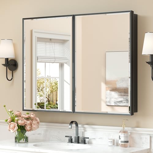 Image of Keonjinn 40 inchx30 inch Large Black Bathroom Medicine Cabinets with Mirror, 2 Door