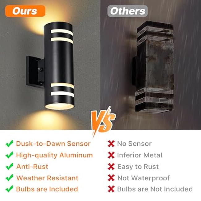 Dusk to Dawn Wall Light 1 Pack, Modern Outdoor Wall Lights with LED Bulbs, Cylinder Black Porch Light Fixture Wall Mount, Up and Down Lighting Outdoor Wall Sconce for House Porch Door