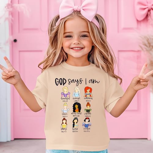 KEKEMI Toddler Girl Christian Shirts God Says I Am Beautiful Enough T-Shirt Princess Outfit Motivational Bible Verse Tee Tops(Beige,2T)