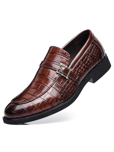 Men's Vintage Crocodile Print Strap Slip On Dress Shoes Formal Leather Loafers Business Casual Oxford (Brown, Adult, Men, 11, Numeric, US Footwear Size System, Medium)