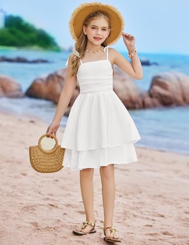 Arshiner Girls Summer Spaghetti Strap Dresses Flowy Tiered Ruched Smocked Back Casual Beach Midi Sundress2