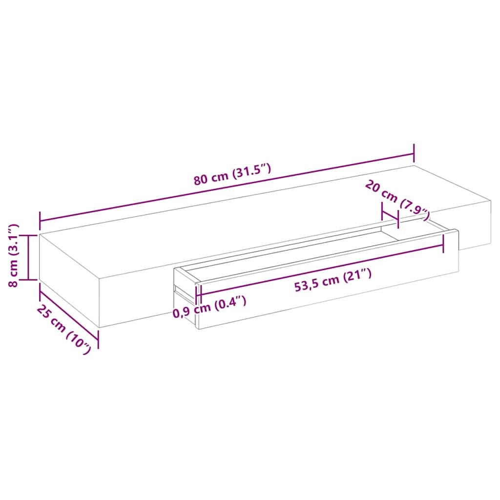 Estantería de pared con cajón de 80 cm, estante flotante blanco mate de MDF, con fijación invisible, para decoración, libros y llaves, incluye material de montaje