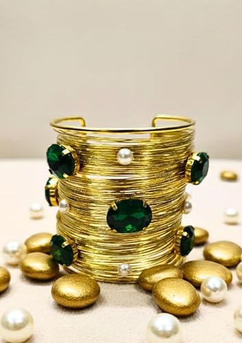 Image of Mansiyaorange Green Glass CZ Pearls Stone Fancy Western Cuff Bangle Bracelet