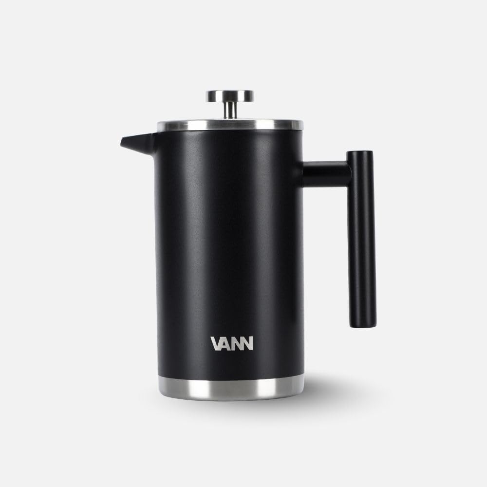 VANN French Press Thermo 1 Liter - Kaffeebereiter Edelstahl [1h warm] - Kaffeepresse [Doppelwandige Isolierung] Schwarz