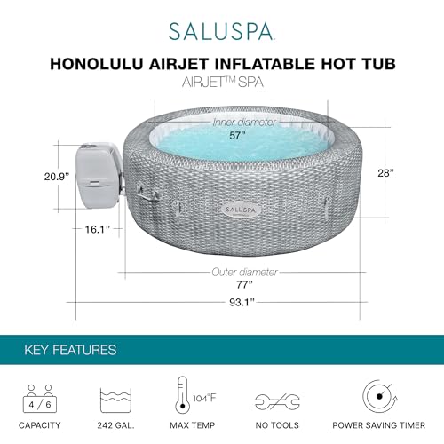 Bestway 4-6 Person SaluSpa Honolulu AirJet Inflatable Hot Tub Spa, 77" x 28" Round Portable Spa with 140 Soothing Jets and Insulated Cover