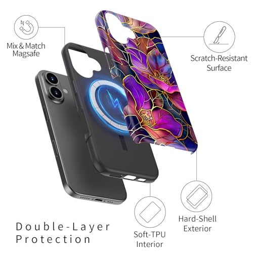 Image of Goodon for iPhone 16 Plus Case Cute - Wireless Charging Compatible - Dual-Layer Hard Shell + Silicone Cover - Protective Phone Case with Trendy Designs for Women - Blooming Purple Flowers