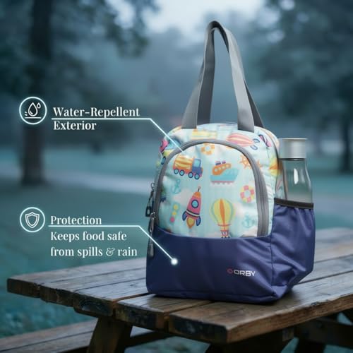 Image of ORBY Lunch Bag Car Balloon Blue | Water-Repellent Durable Fabric | Tiffin Bag with Bottle Holder & Front Pocket | Strong Zipper & Spacious Meal Storage (Car and Balloon Pattern, Blue)