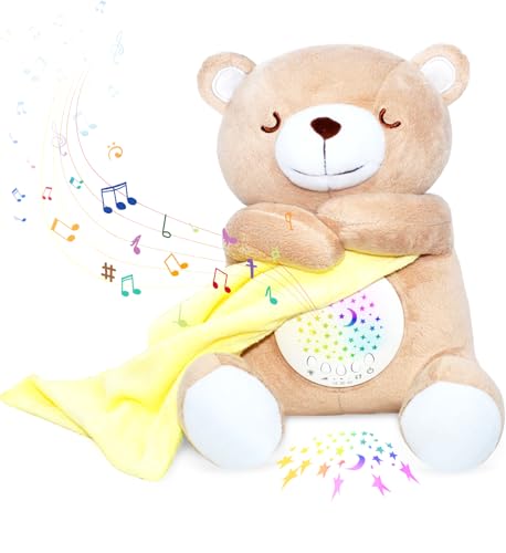 Image of Baby Sleep Soother, Cry Activated Sensor Teddy Bear Lullabies & Mom Heartbeat, Nursery Toddler Star Night Light Projection Sleep Aid, Unique Girl, Baby boy and New Baby Gifts