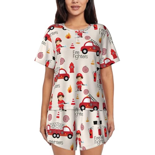 Bkdogkt Conjunto de pijama de manga curta para meninos e meninas com estampado de bombeiros para mulher, roupa de dormir macia e confortável, Preto e branco, M