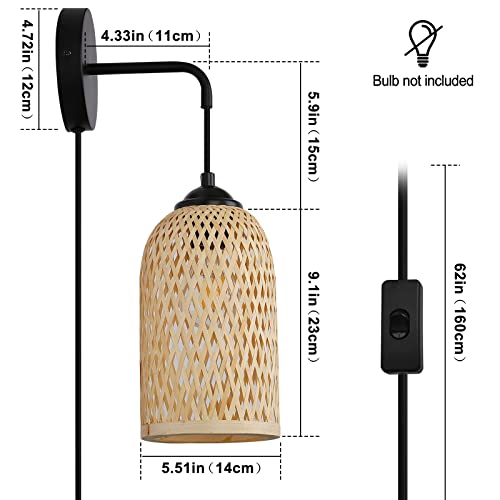 Wicker Wall Lamps With Switch For Living Room, Contemporary Plug In Cord Wall Sconces Rattan Bamboo Hanging Mounted Metal Fixture E26 Lights For Bedrooms Living Room(Excluded Bulb) #TOP5