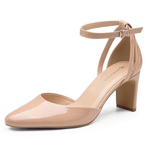 Women's Chunky Heels Mary Jane Closed Square Toe Work Pumps Shoes with Buckle Strap for Dress Wedding