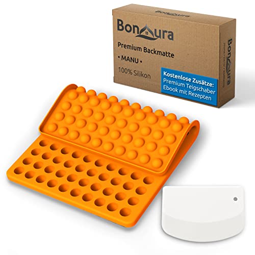 BonAura® MANU - Alfombrilla para hornear galletas para perros con recetas (2 cm), alfombrilla de silicona para golosinas de perros, molde para galletas con espátula Cover
