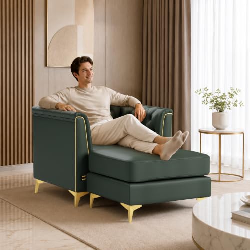 Image of KEIKI 40 inch Faux Leather Chesterfield Sofa with Handmade Button Tufted, Green | Luxury Modern 1-Seater Couch with Metal Trim Armrests & High Resilience Cushion & 1 Ottoman & 1 Pillow, for Living Room