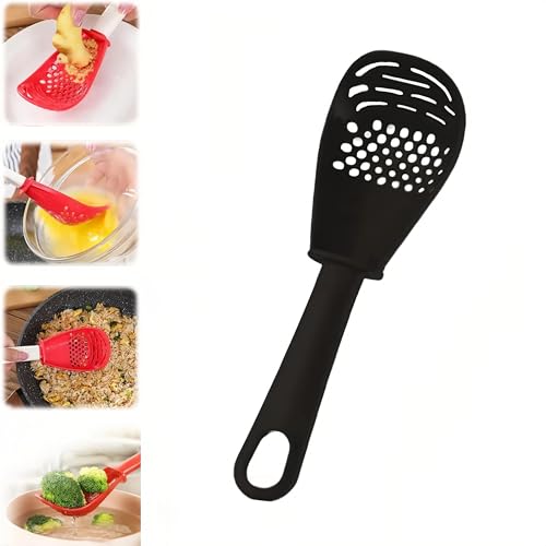 Multifunctional Kitchen Cooking Spoon, 2025 New Heat Resistant Kitchen Utensils Slotted Spoon, Small Silicone Spoon Tool for Cooking, Draining, Mashing, Grating, Separating (Black)