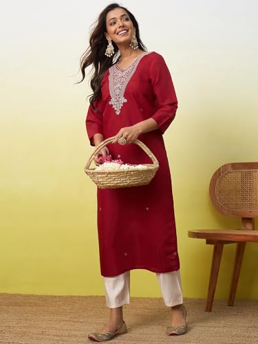 Image of Women's Silk Blend Embroidery Straight Kurta | Ethnic Kurtas for Women | Kurtis for Women Festive, Casual Office Wear Ethnic Kurta for Women