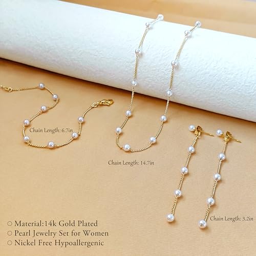 Image of Zeffy Gold Pearl Necklace for Women, Dainty 14K Gold /Silve Plated Layered Pearl Choker Pearl Earrings Pearl Bracelets Wedding Trendy Gold Jewelry Set for Women Gifts