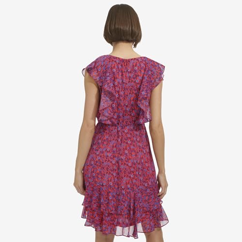 Image of Tommy Hilfiger Women's Sleeveless V-Neck Ruffle Trim Tie Waist Chiffon Mini Dress