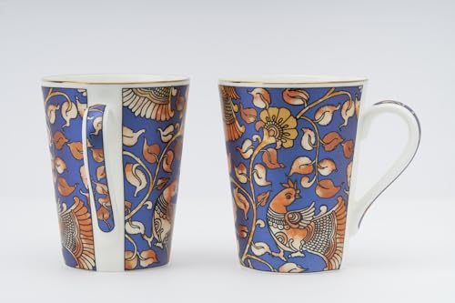 Image of GOLDEN QUEEN'S Mugs Set Of 2 For Coffee, Tea, Milk - Ideal For Your Daily Beverage Ritual, Hosting & Casual Gatherings | 24 K Gold On Rim - Kalamkari Hues In Blue, 300 Ml