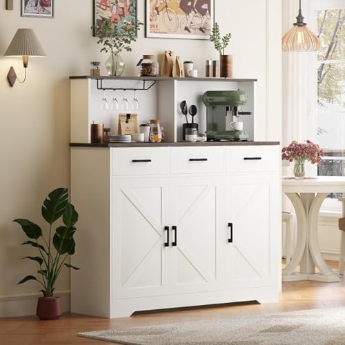 GarveeHome Farmhouse Sideboard Buffet Cabinet with Microwave Stand, Barn Doors Buffet Storage Cabinet with Drawers and Shelves, Wood Coffee Bar Pantry for Kitchen, Dining Room, Living Room, White