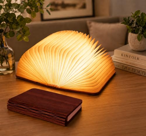 Image of XERGY USB Rechargeable Wooden LED Book Lamp with 3 Color Modes, Foldable 360 Design, 1000mAh Battery - Mood Lighting, Night Light, Table & Bedside Decorative Lamp Unique Gifts for Book Lovers