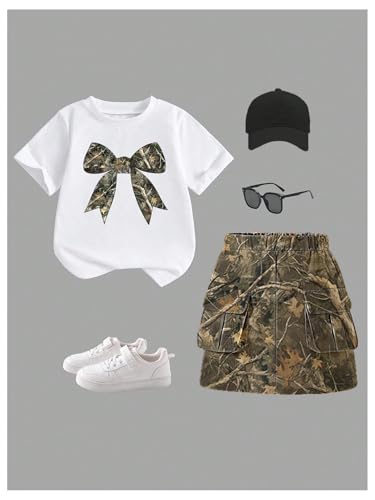 Image of WDIRARA Girl's 2 Piece Outfits Letter Graphic Print Short Sleeve T-Shirt and Camo Print Cargo Skirt Set