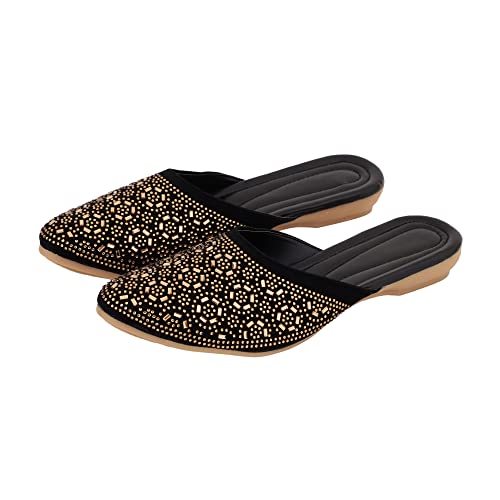 Image of Bellies for Women |Slip on Juttis Soft Padded |Stonework Mules for Ladies| Sparkling Upper |Back Open Casual Flats| Stylish Footwear Sandals for Ladies|Punjabi Mojari Half Shoes