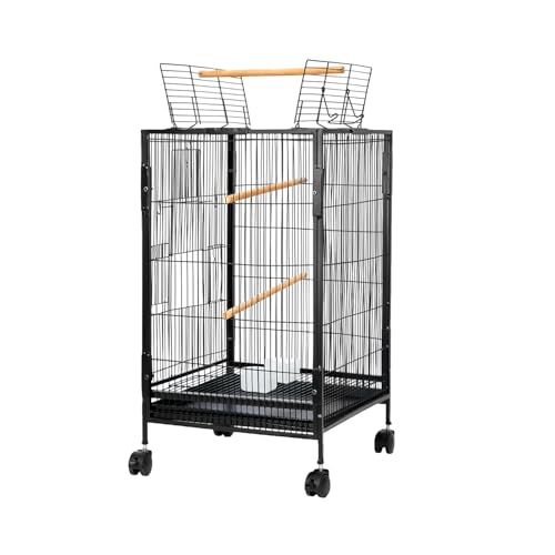 Image of Amazon Basics 30-Inch Metal Bird Cage with Gate | Feeders, Wooden Perches & Tray | Ideal for Lovebirds, Parrots & Small Birds | 3 Levels| Black