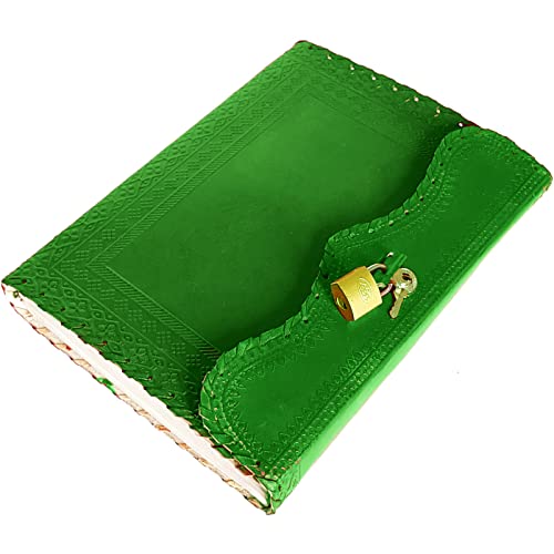 10" Leather Journal With Lock Writing Pad Blank Notebook Handmade Notepad Men & Women Unlined Paper Best Present Art Sketchbook Travel Diary To Write Book Of Shadow Refillable Grimoire Green #TOP1