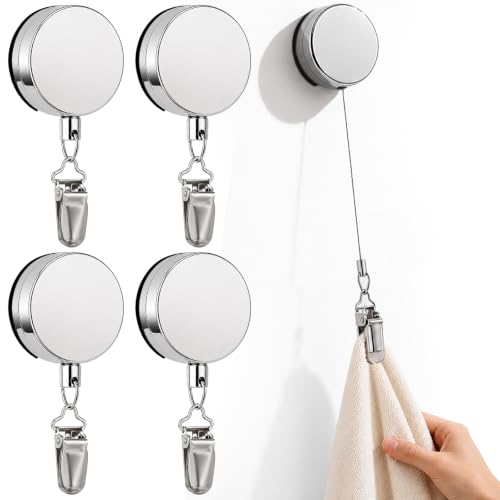 4 Pièces Pinces à serviettes Extensibles en Métal avec Corde Extensible, Sans perçage, Porte Torchon Adhésif sans Perçage Pour cuisine, Salle de bain, Camping-car, Salle de Bain
