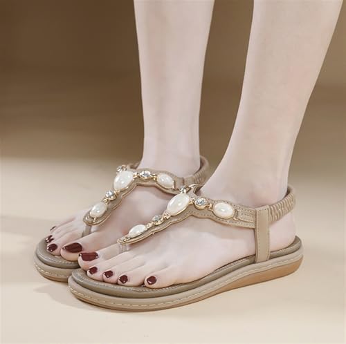 Women's Flat Sandals Summer Beach Sandal Elastic Strap Rhinestone Beaded Bohemia Shoes Flip Flops Clip Toe Sandals4