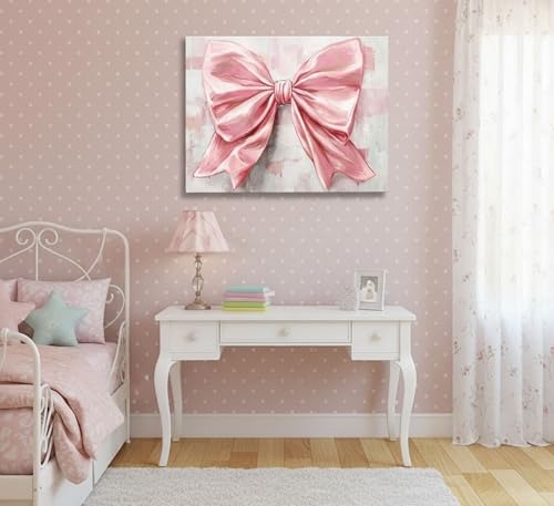 Image of Pink Bow Canvas Wall Art Trendy Cute Preppy Watercolor Bow Painting Pictures Wall Decor Posters Prints Girly Aesthetic for College Apartment Bedroom Decoration