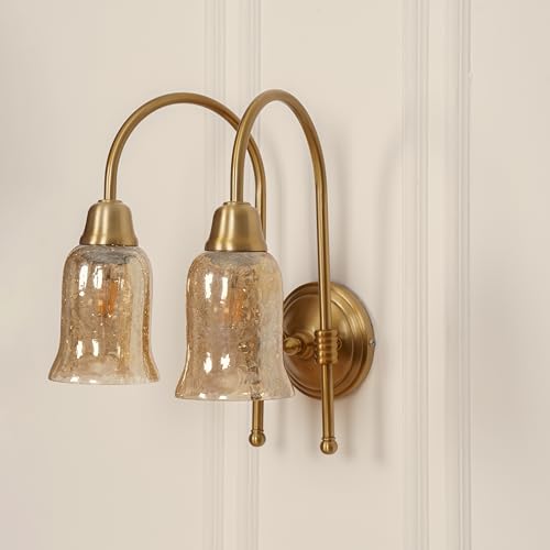 Image of Divine Trends Double Hockey Wall Lamp Antique Brass Finish with Chimney Crackled Glass Shade for Living Room, Bedroom, Home Decoration Wall Light - Pack of 1