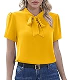CZYINXIAN Women's Casual Short Sleeve Blouse Elegant Bow Tie Knot Business Top Shirt(Yellow, Large)