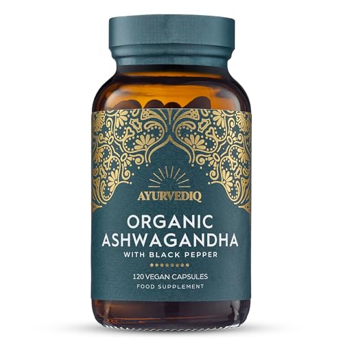 Ayurvediq Wellness Organic Ashwagandha with Organic Black Pepper 650mg, 120 Capsules - Ashwagandha High Strength for Anxiety, Stress Relief for Adults, Better Sleep - Vegan Ayurvedic Products