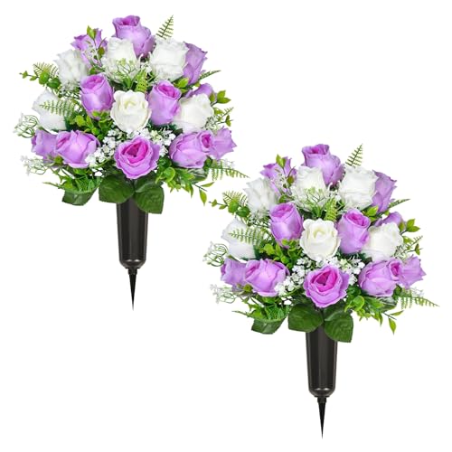 ZOCOYUU Set of 2 Artificial Cemetery Flowers 43cm Fmake Plastic Bunch of 18 Heads Memorial Bouquet Grave Memorial Silk Flowers with Vase for Long-Lasting Remembrance (18 Heads (Purple+White))
