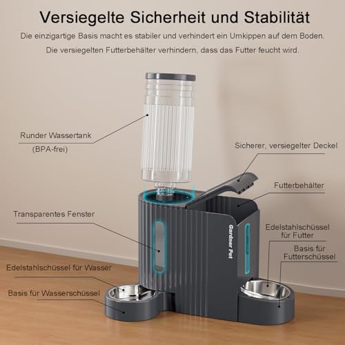 Gardner Pet Automatischer Futterspender für Katzen/Hunde 2 Näpfe(3L*2), Nicht elektrisch Futterautomat und Wasserspender Hund mit Edelstahlschüssel, Ohne Strom, BPA Frei, Gravitation Katzenfutter Grau