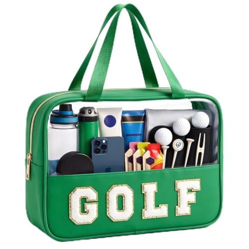KRYZMET Golf Makeup Bag, Golf Gifts for Women Girls, Cute Chenille Letter Patch Clear Cosmetic Bag with Handle and Zipper, Waterproof Nylon Travel Toiletry Make Up Pouch, Golf Trip Must Haves