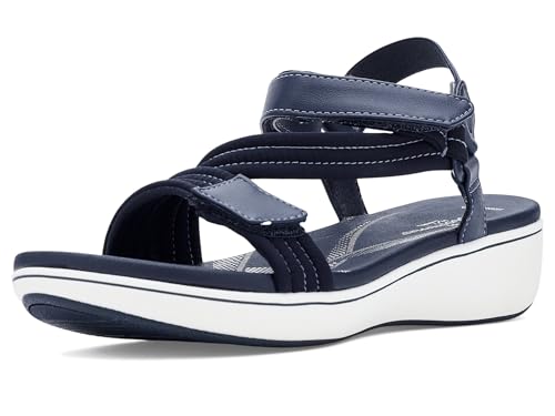 Clarks Cloudsteppers Women's BreezeRae Sun Wedge Sandal, Navy Textile, 8.5 Medium US