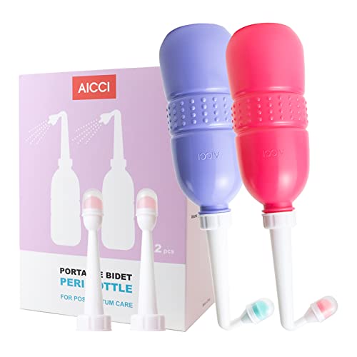 aicci 2 Pack Peri Bottle for Postpartum Care, Portable Travel Bidet for Women, 17oz Large Capacity Perineal Bottle for Feminine Hygiene with Travel Bag, Angled Nozzle & Straight Nozzle (Purple + Red)