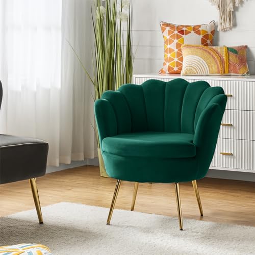 Image of HULALA HOME Modern Velvet Accent Chair with Shell Shaped Back, Cute Living Room Bedroom Armchair Sofa Chair with Gold Legs, Comfy Upholstered Vanity Chair for Makeup Room, Green