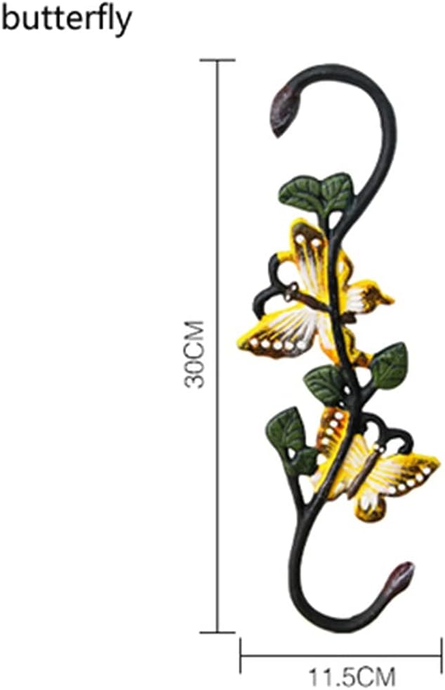 3 pc Hand Painted Cast Iron S Shaped Wall Hook in Leaves Butterfly Dragonfly Hummingbird Flower Basket Hanging Rack
